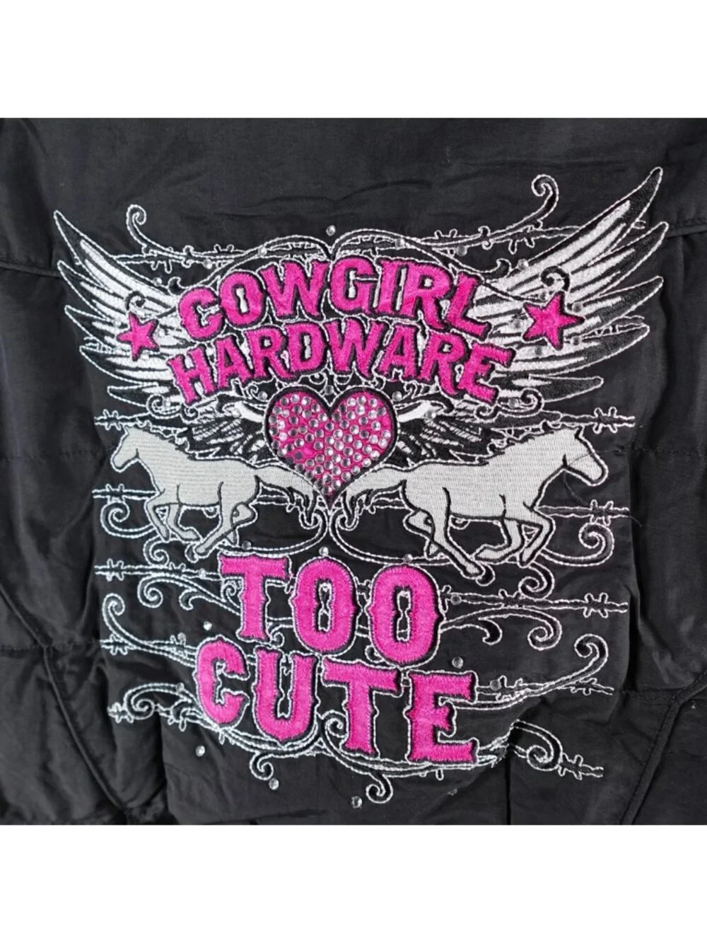 Cowgirl Hardware Puffer Vest Womens S Black Too Cute Embroidery Heart Rhinestone